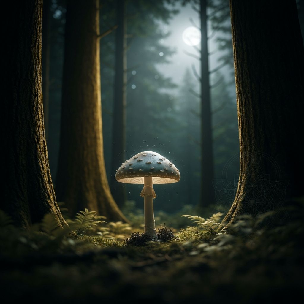 Sacred Amanita Muscaria in mystical forest